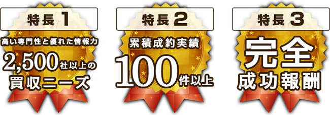 特長1：高い専門性と優れた情報力 特長２：累積成約実績100件以上 特長３：完全成功報酬