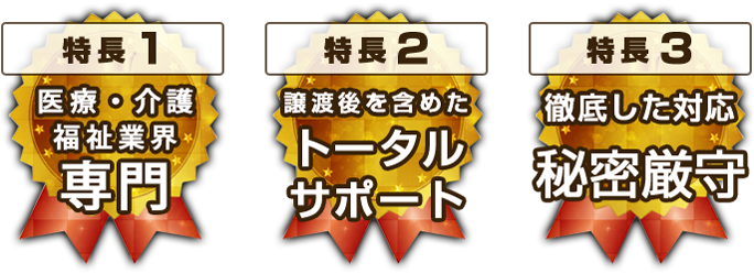 特長1：医療・介護・福祉専門 特長２：譲渡後を含めたトータルサポート 特長３：秘密厳守